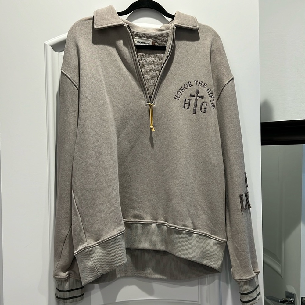 Honor The Gift pullover with collar. Grey